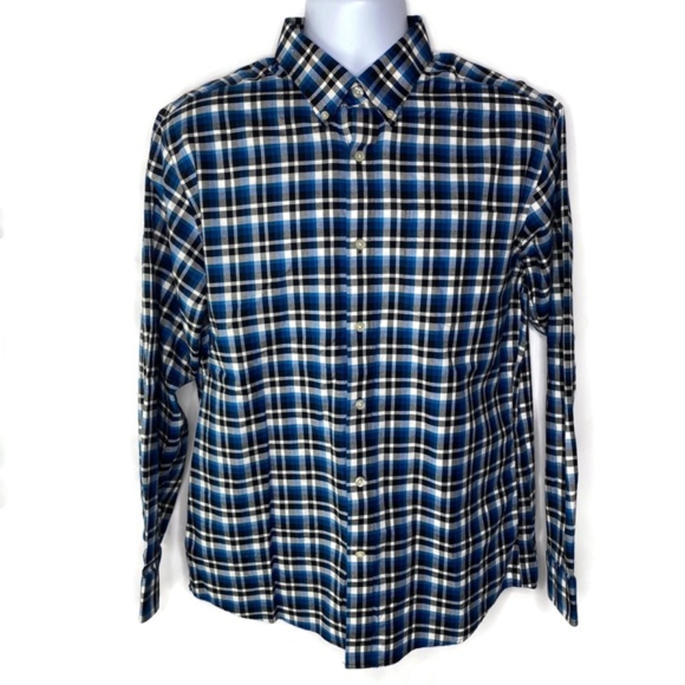 Eddie Bauer Classic Fit Black & Blue Plaid Wrinkl…